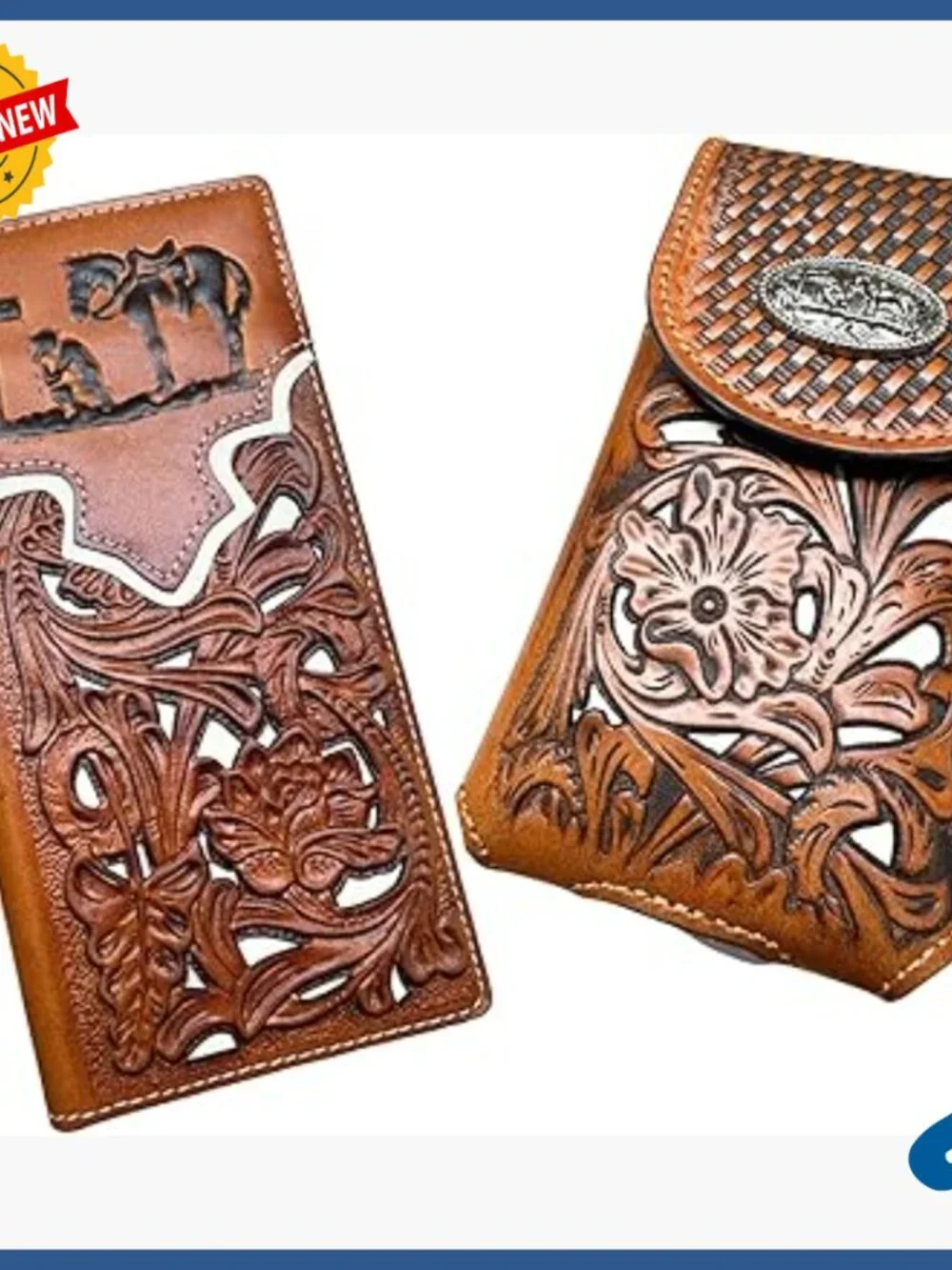 Genuine Leather Wallet and Phone Holster Set with Embossed Western Design